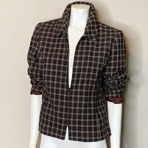 Vintage 80s Clichy Zip Front Crop Jacket M Blazer Brown Cream Check Windowpane